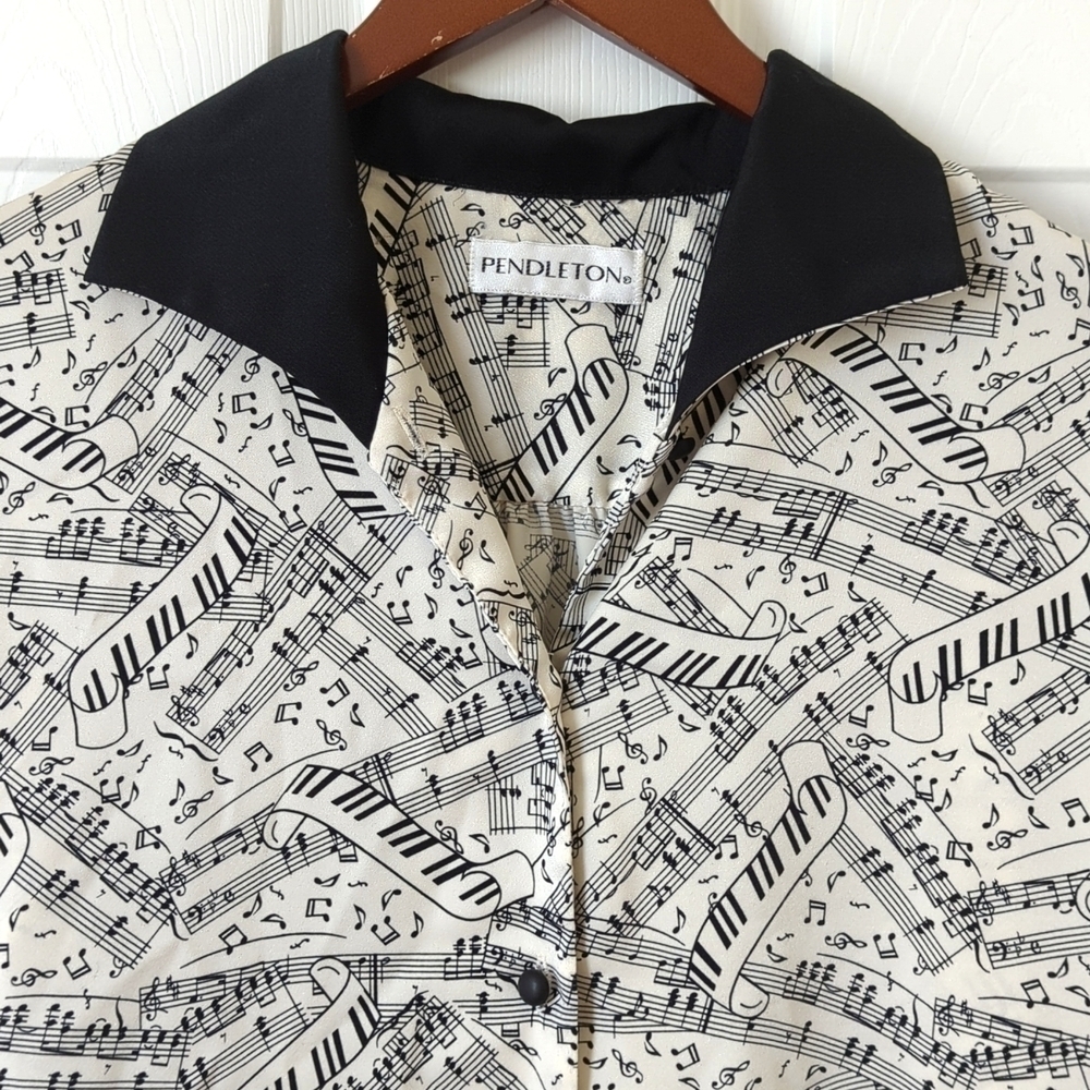 Pendleton 90's Vintage Silky Sheet Music Print Button Down Blouse Cream Black 4 - Picture 2 of 11